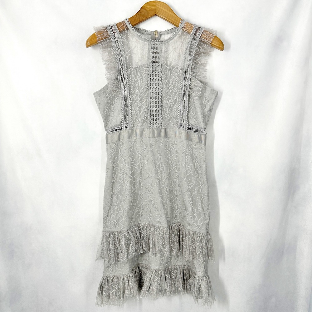 Trish Scully Sleeveless Frilly Lace Light Gray Sheath Dress Womens‎ Size 4